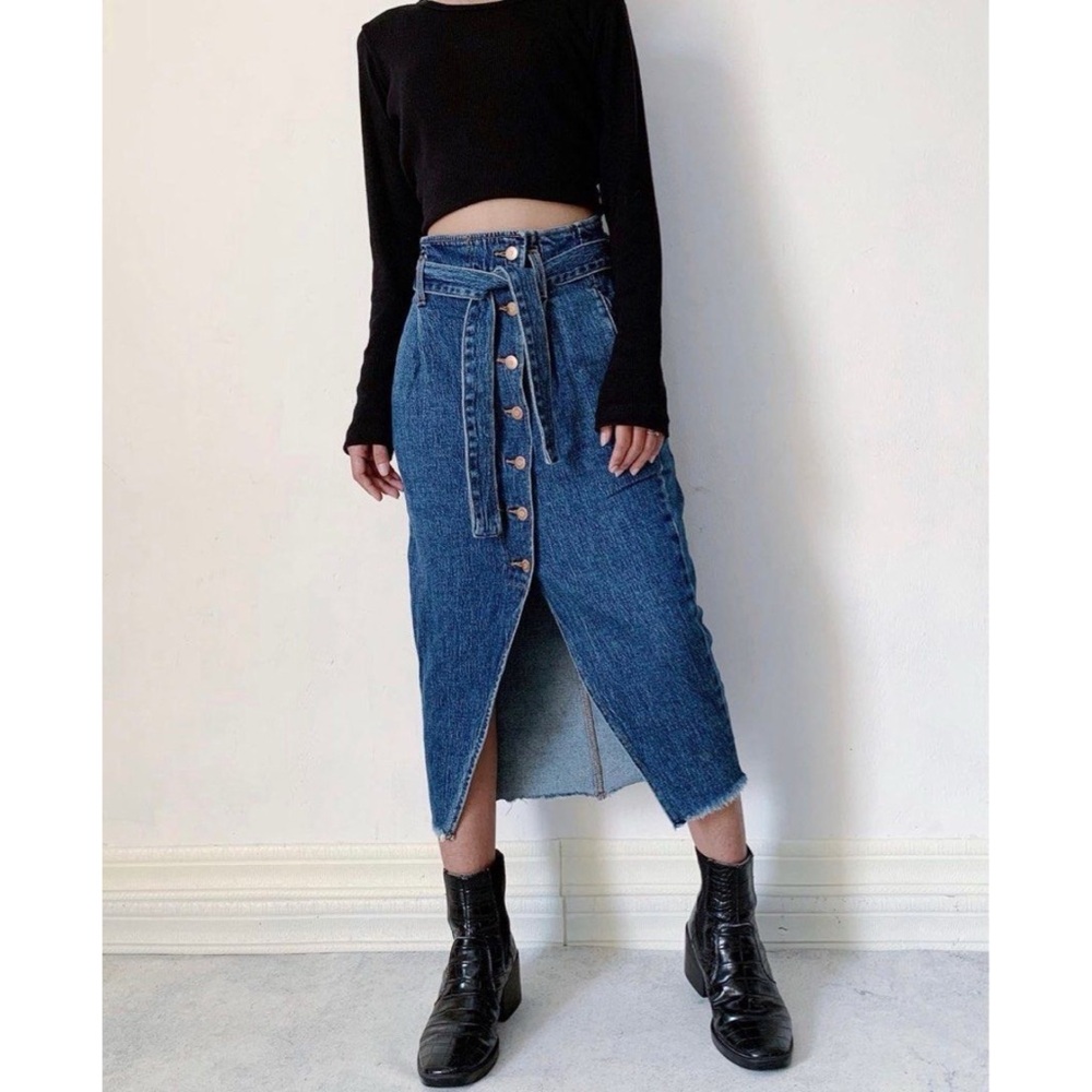 Zara Button Front Midi Retro Denim Skirt